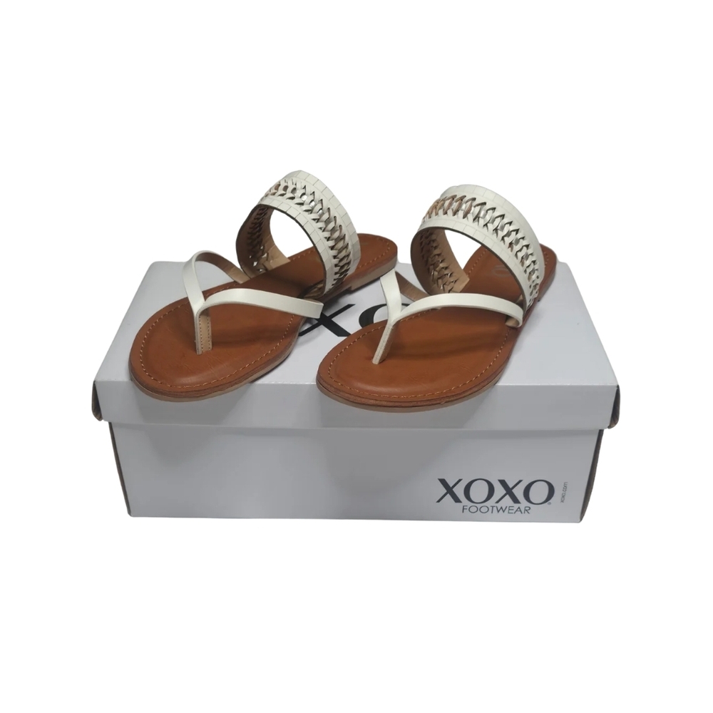 XOXO White Braided Strap Thong Sandals with Tan Footbed